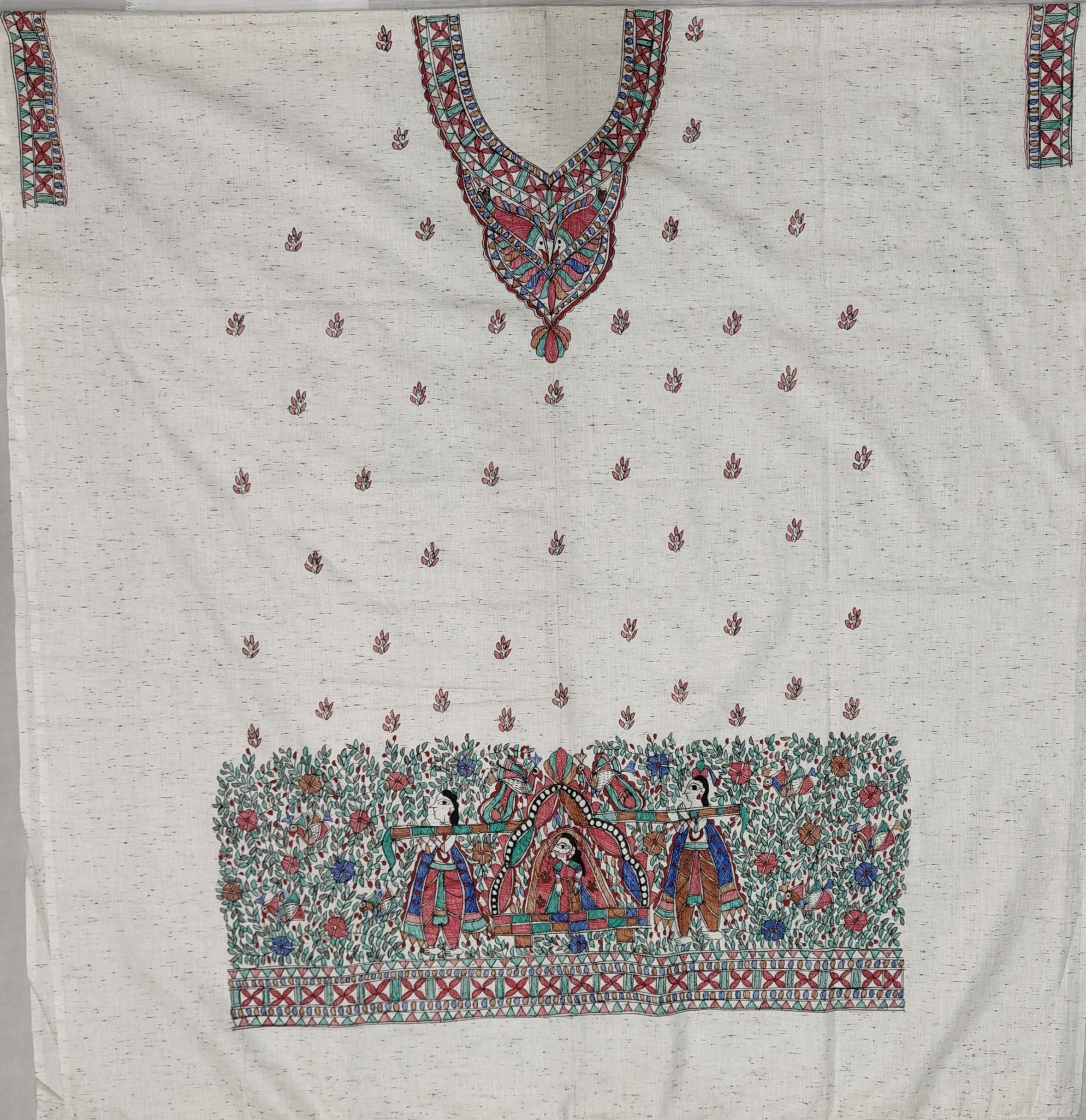 Hand-Painted Madhubani Unstitched  Cotton Suit Set with Chanderi Dupatta